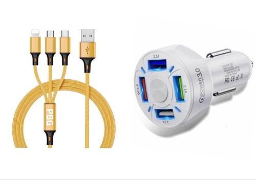 4 Port LED Car Charger + 3 in 1 Cable Combo Gold