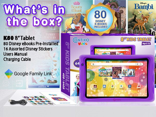 K80-Purple 8" Kids Android 64GB Tablet with Disney E-books and videos