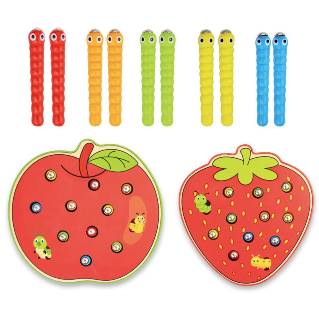 New Fruit Shape Kids Wooden Toys Catch Worms Games with Magnetic Stick Montessori Educational Creature Blocks Interactive Toys