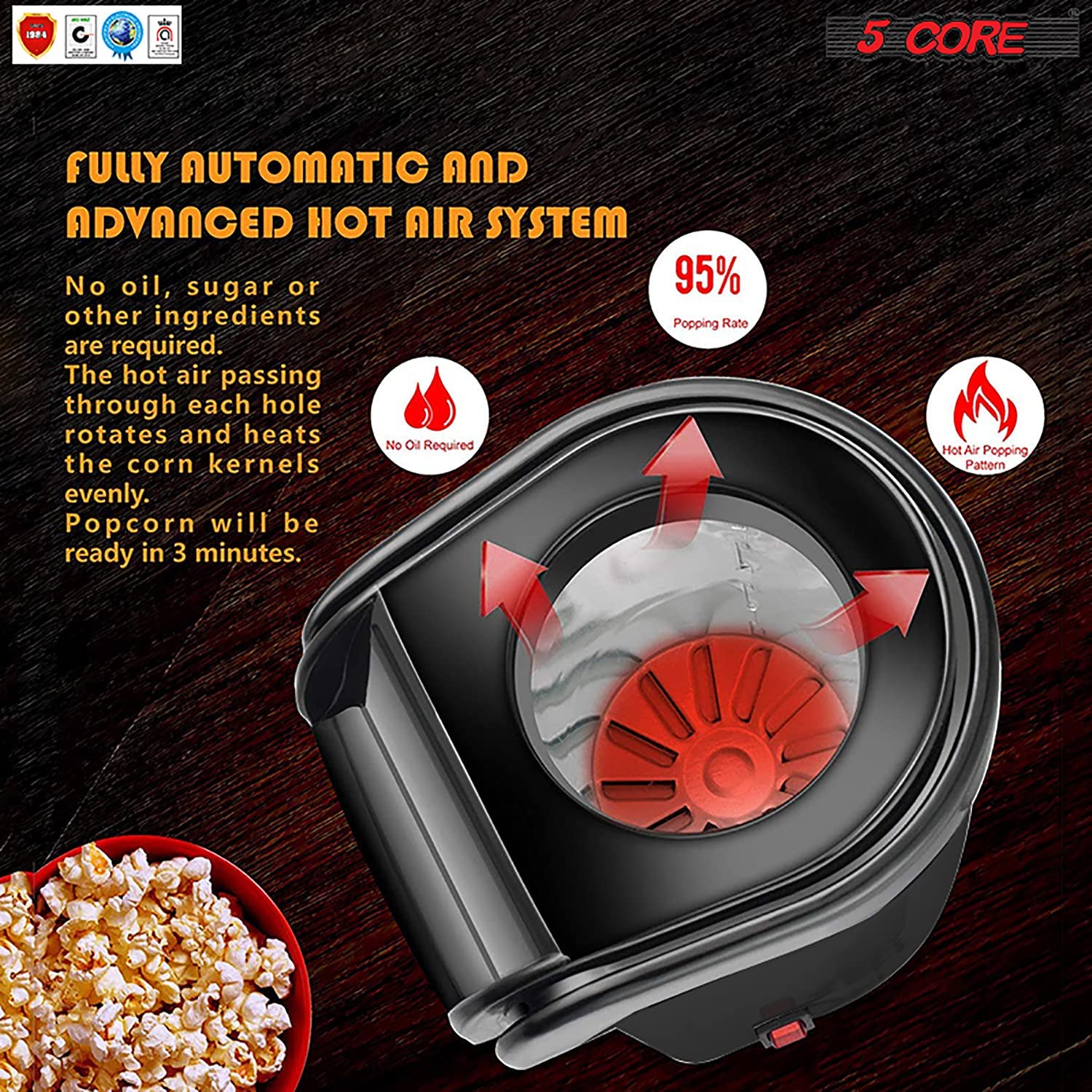 5 Core Hot Air Popcorn Machine - 16 Cup Capacity, Electric Oil-Free Popper