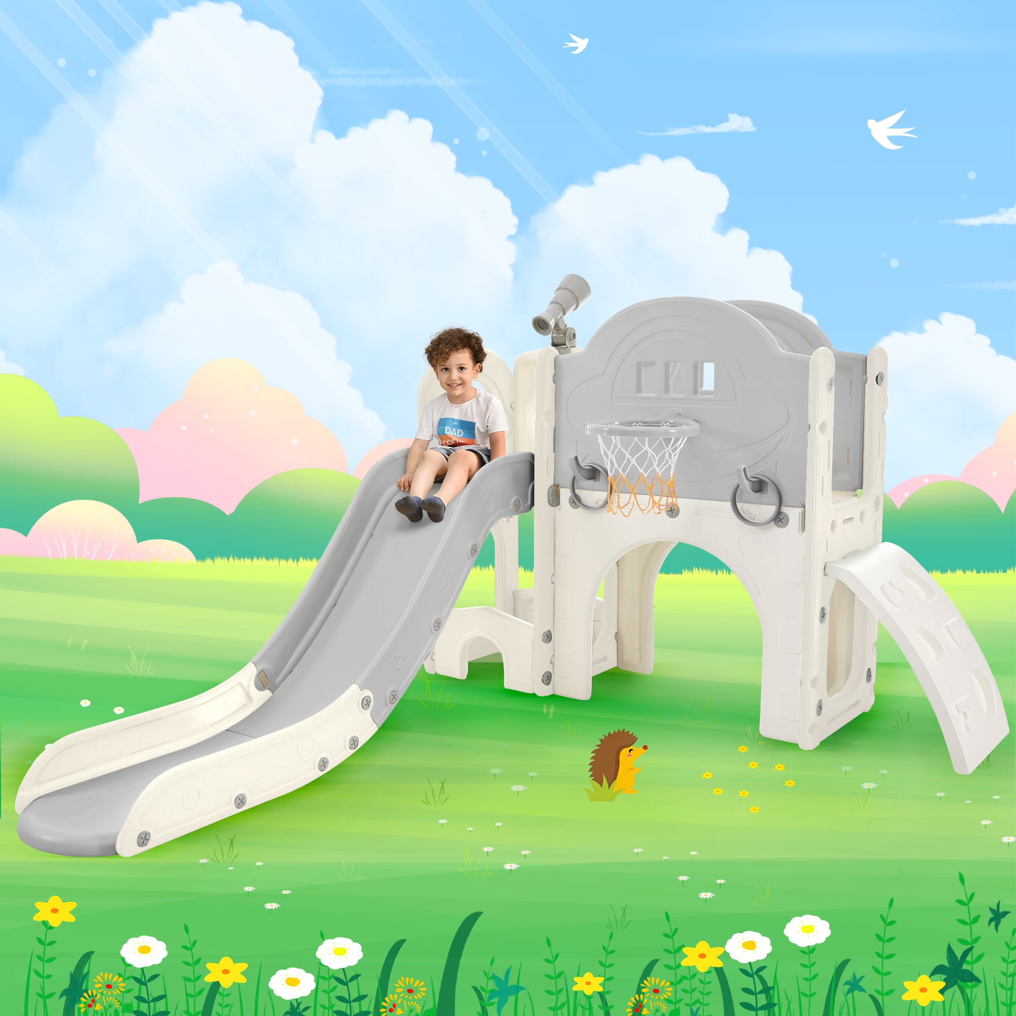 Kids Slide Playset Structure 7 in 1, Freestanding Spaceship Set with Slide, Arch Tunnel Grey+White + HDPE
