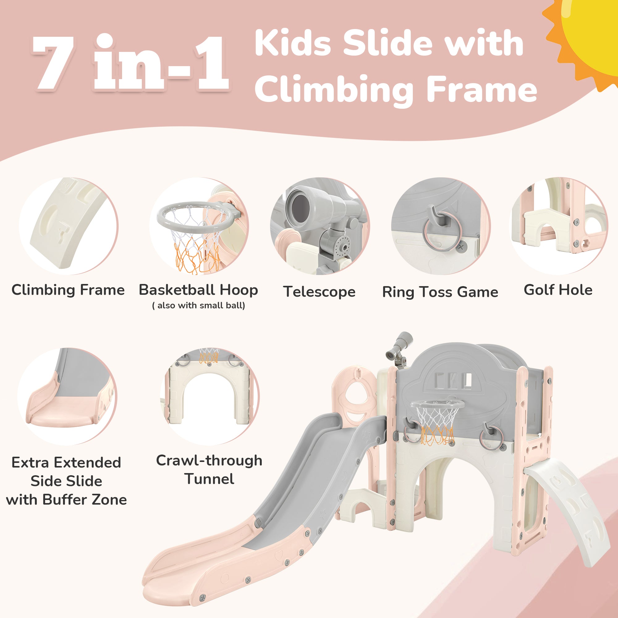 Kids Slide Playset Structure 7 in 1, Freestanding Spaceship Set with Slide, Arch Tunnel Pink+Grey + HDPE
